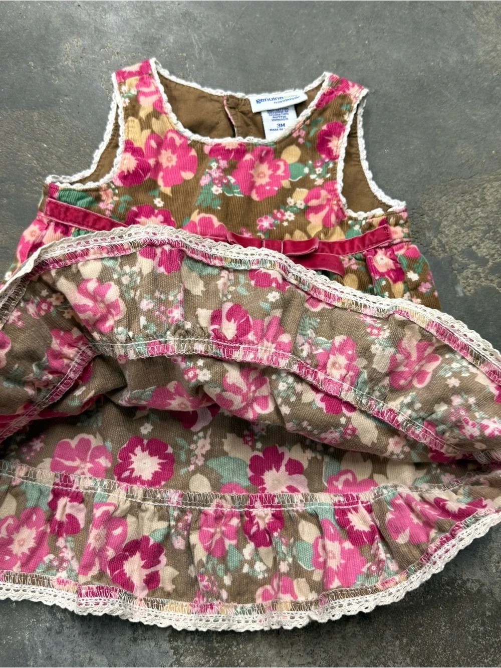 Vintage OshKosh Baby Floral Corduroy Dress 3M Pink Velvet Bow